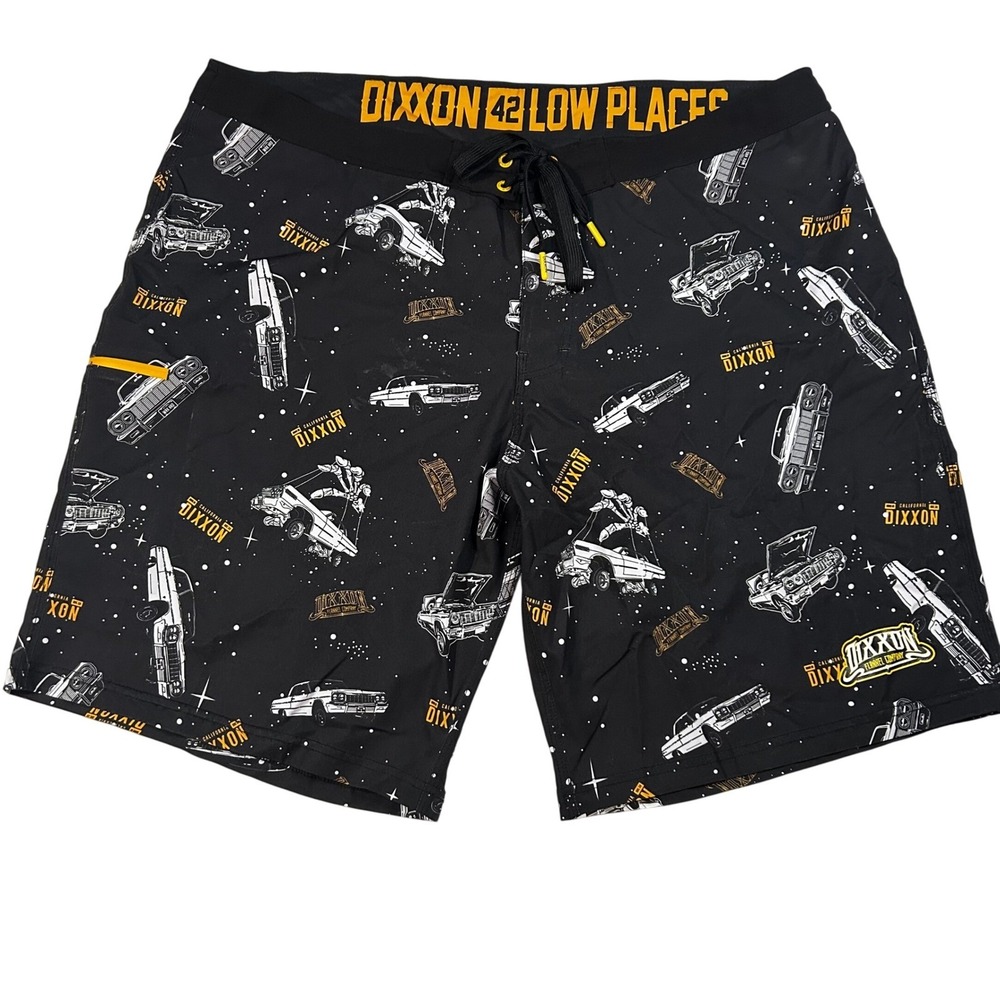 DIXXON Low Places Board Shorts Men 42 XXL Black Lowrider Classic Car Swim Trunks